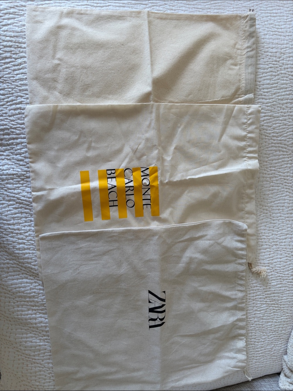 ZARA Cream Drawstring Bag with Yellow Stripe Accent set of 3